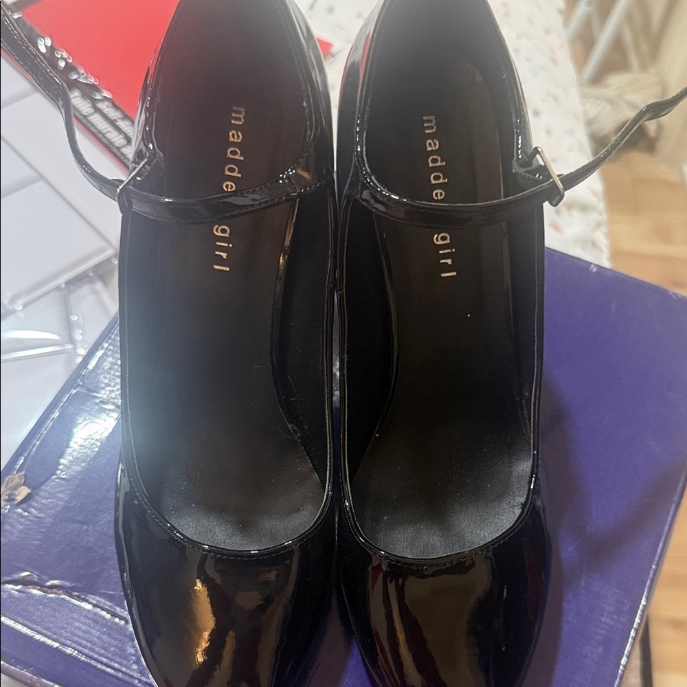 Madden Girl Black Patent Mary Jane Heels with Ankle Strap